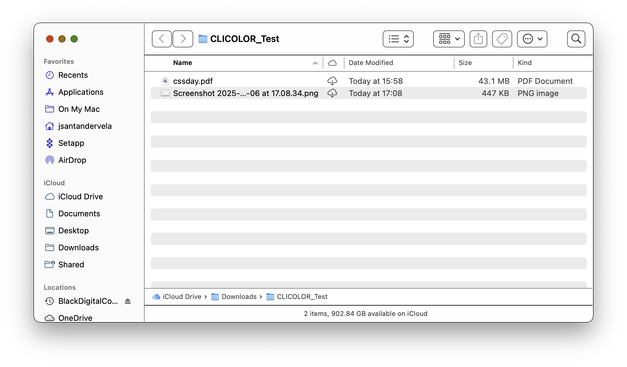 A Finder window showing a Folder named "CLICOLOR_Test" with two files: a PDF called "cssday.pdf", and a PNG file with a name that starts with "Screenshot-2025-" and ends with "17.08.34.png". The iCloud Status icon shows a cloud with a down arrow, indicando that it is not currently downloaded.