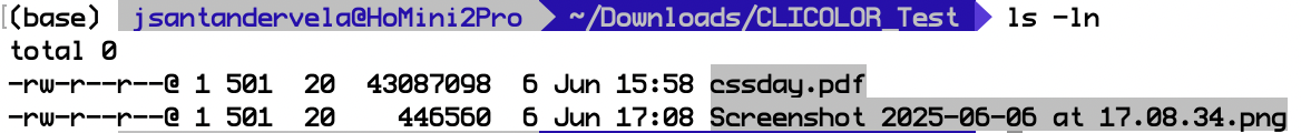 Screenshot of Terminal.app showing the command `ls -ln` run on the CLICOLOR_Test folder, and showing both files with a gray background in their filename.