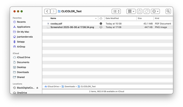 Another screenshot of the CLICOLOR_Test folder, now with cssday.pdf showing a down-arrow circle (representing that the file will be kept downloaded), which means it is undoubtedly locally available.