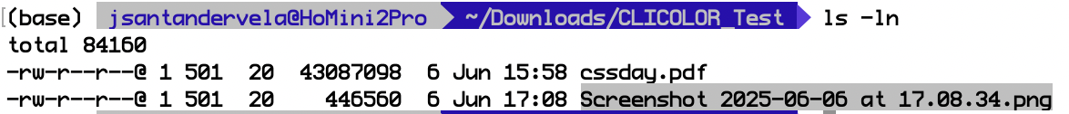 Screenshot of Terminal.app showing the command `ls -ln` run on the CLICOLOR_Test folder, but this time the `cssday.pdf` file shows a white background, while the screenshot file still sports a gray background behind their filename.